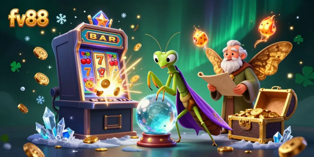 Experience the thrilling atmosphere of fv88 with a vibrant 3D casino scene featuring a slot machine jackpot and magical characters.