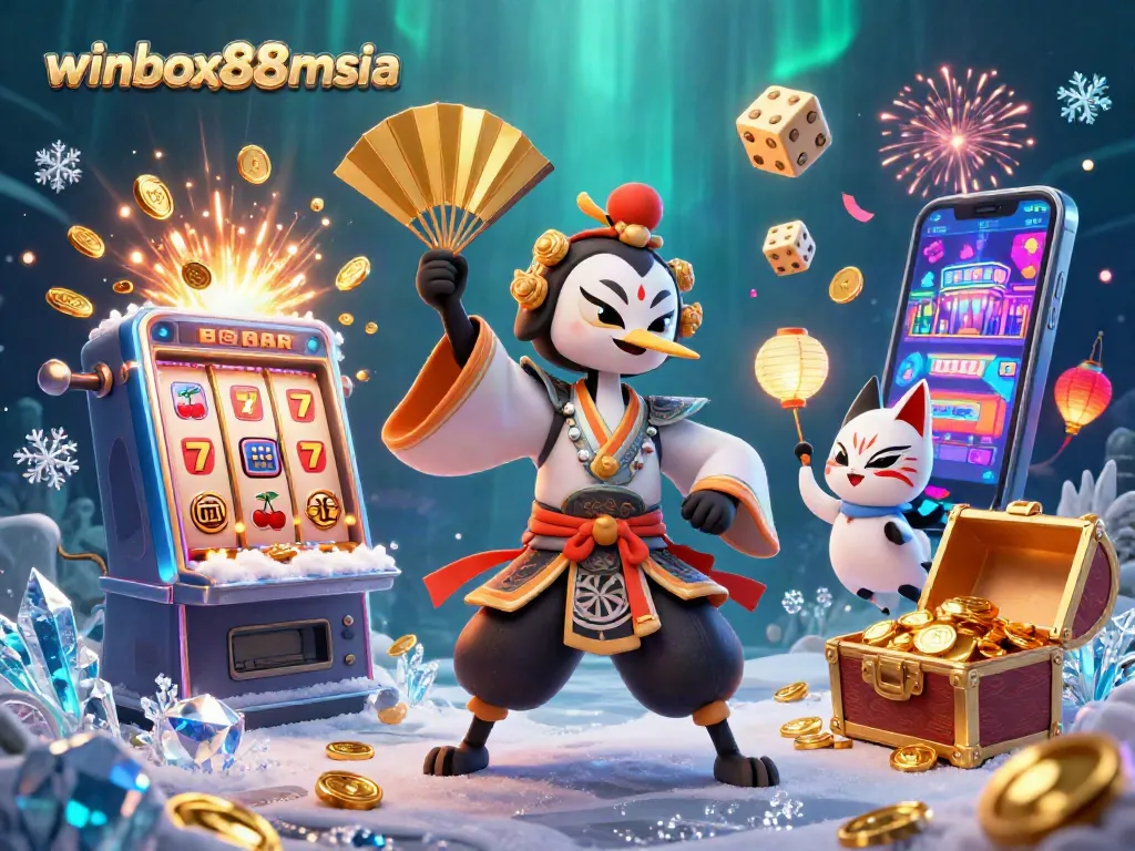 Engage in thrilling gaming at winbox88msia with a vibrant 3D casino spectacle showcasing characters and jackpot action.