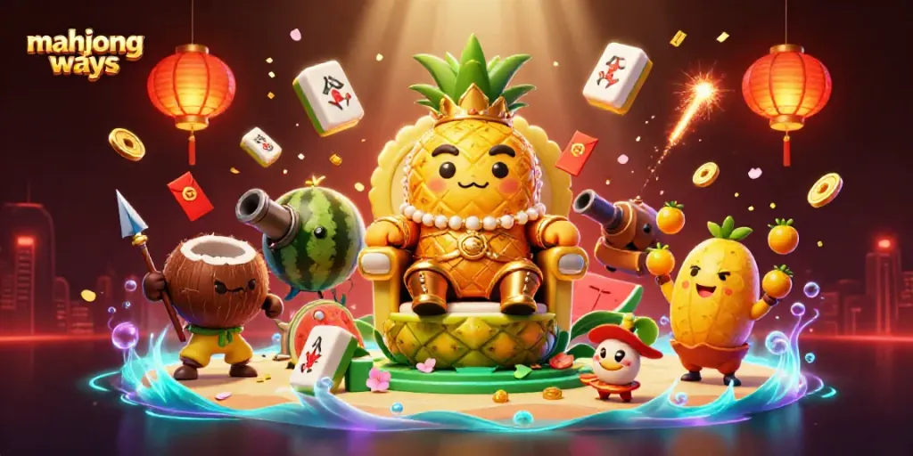 Menangkan mahjong ways pada kasino melalui ilustrasi kartun menggoda dengan raja nanas emas dan elemen meriah lainnya.