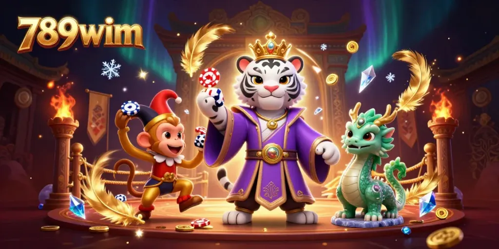 Win big with 789wim's vibrant casino scene featuring a royal tiger and playful monkey.