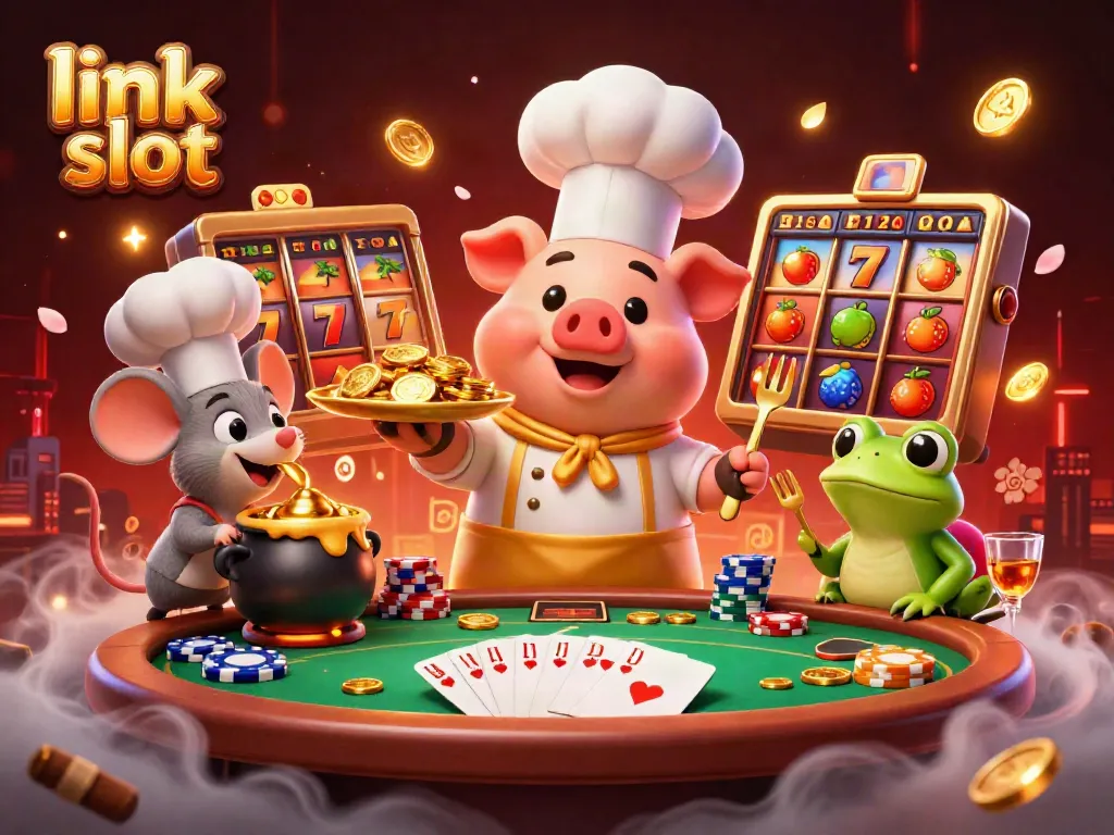 Engage with the vibrant link slot gaming scene featuring a chef pig, golden coins, and slot machine elements.