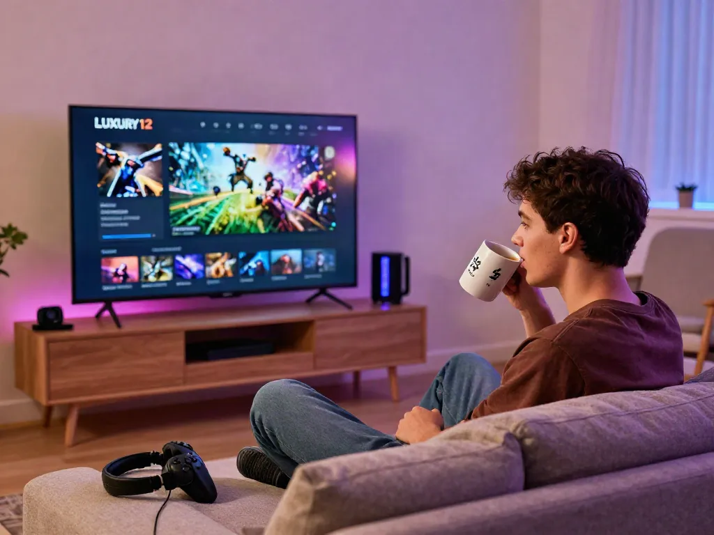 Experience seamless gaming with luxury12 login in a vibrant home setup.