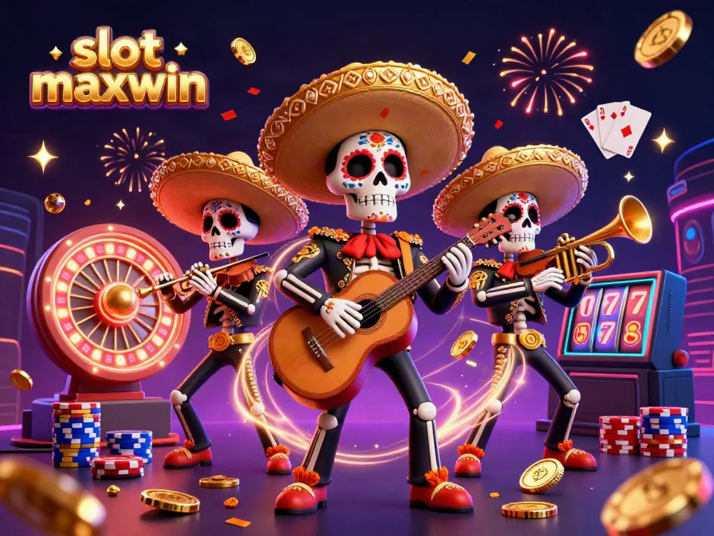 Experience slot maxwin with vibrant 3D Dia de los Muertos mariachi characters and casino elements.