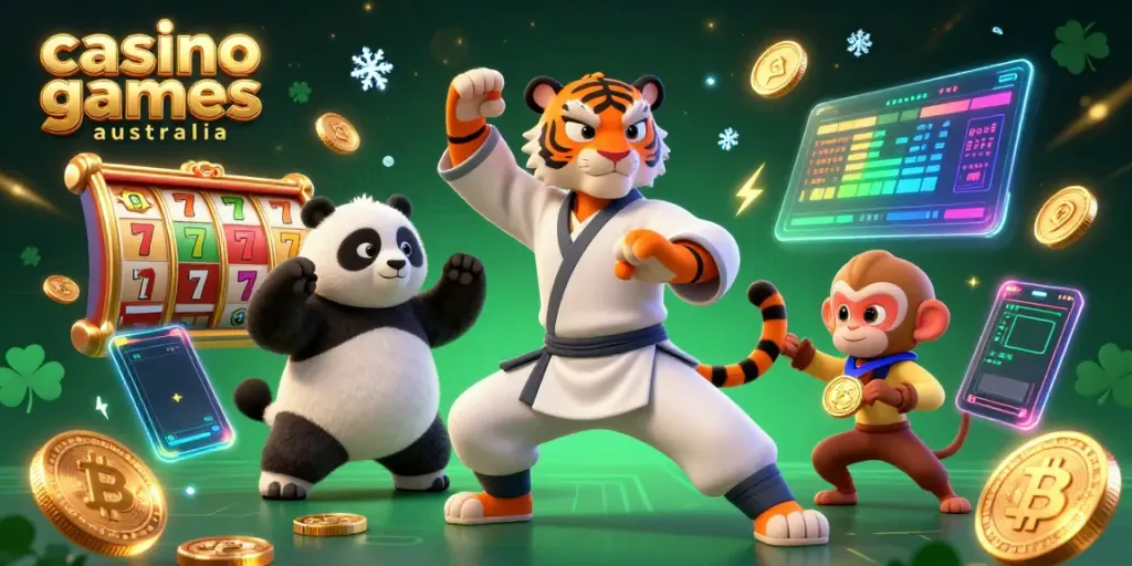 Experience thrilling casino games Australia with colorful characters and vibrant slot elements in a dynamic scene.