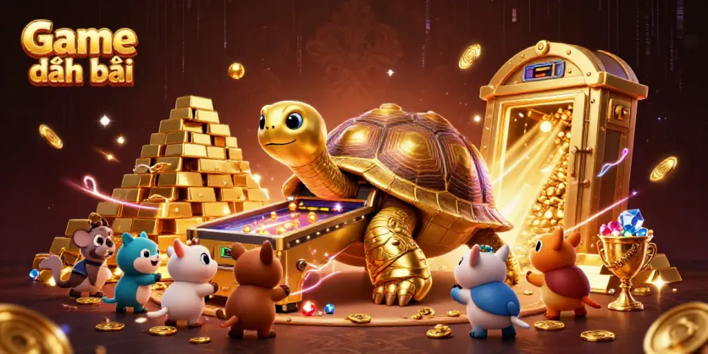Engage in Game đánh bài with a vibrant casino-themed illustration showcasing dynamic characters and golden treasures.