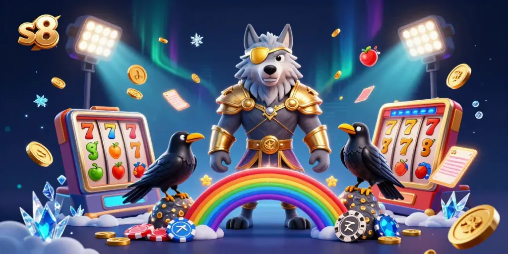 Experience exciting slot game action with s8 featuring Odin and ravens amidst vibrant casino symbols.