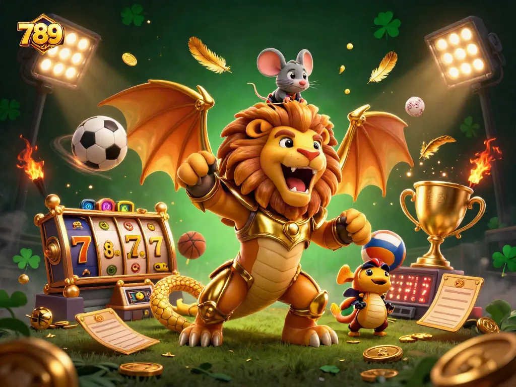 Engage with 789CLUB's exhilarating casino adventure illustrated with a golden chimera and dynamic gaming elements.