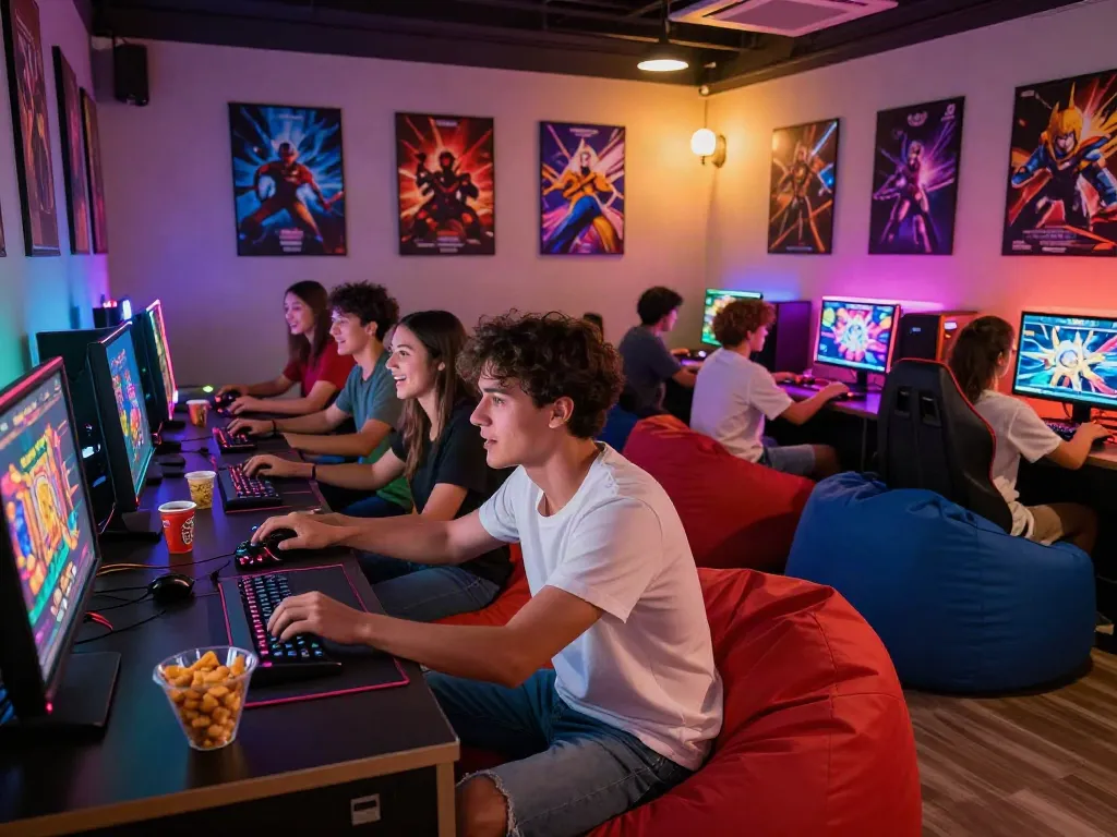 Friends enjoying a fun gaming session with สล็อต in a vibrant lounge.