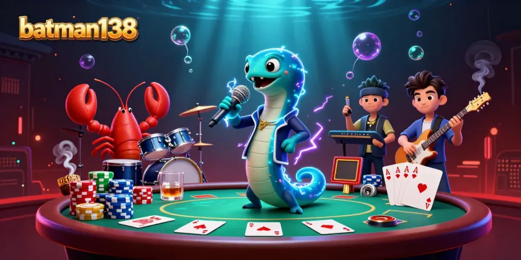 Experience immersive gaming action with batman138 at an underwater casino featuring vibrant characters and poker elements.
