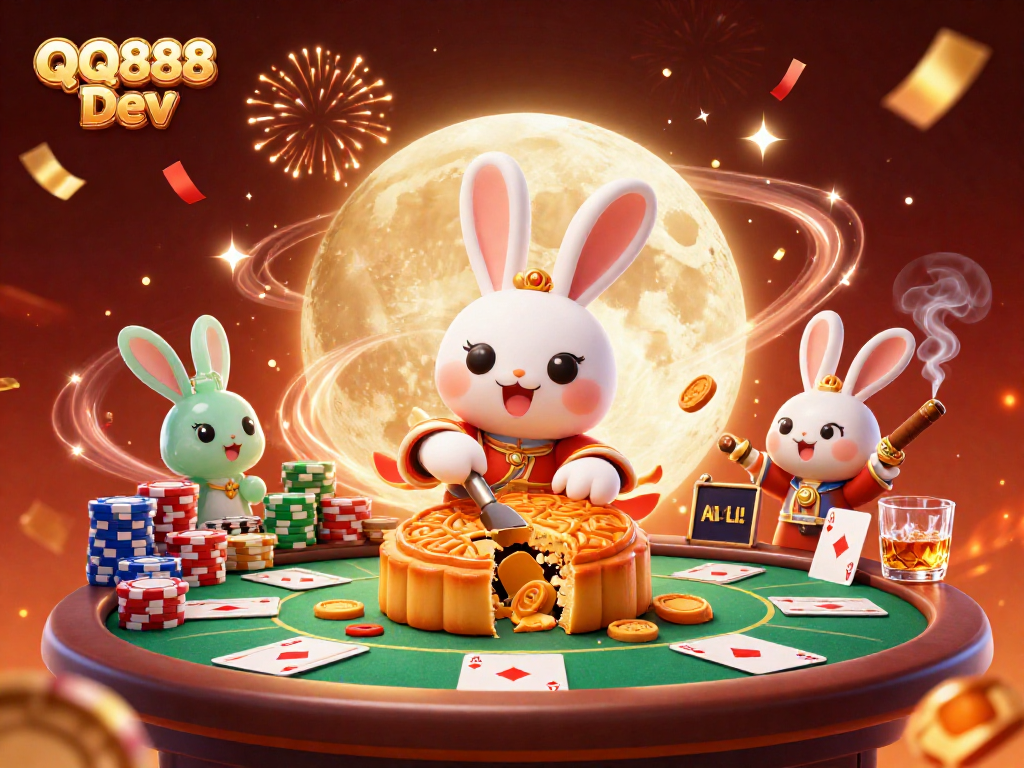 Experience thrilling gameplay at QQ888 Dev with a captivating moon rabbit scene and poker elements.
