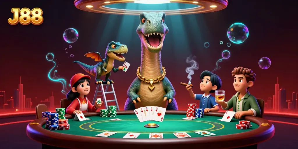 Experience the thrilling J88 poker action with a towering brontosaurus dealer in a dynamic casino scene.