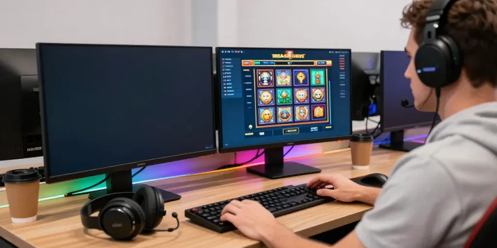 Gamer engaging with akunjp slot games on dual monitors in a vibrant atmosphere.