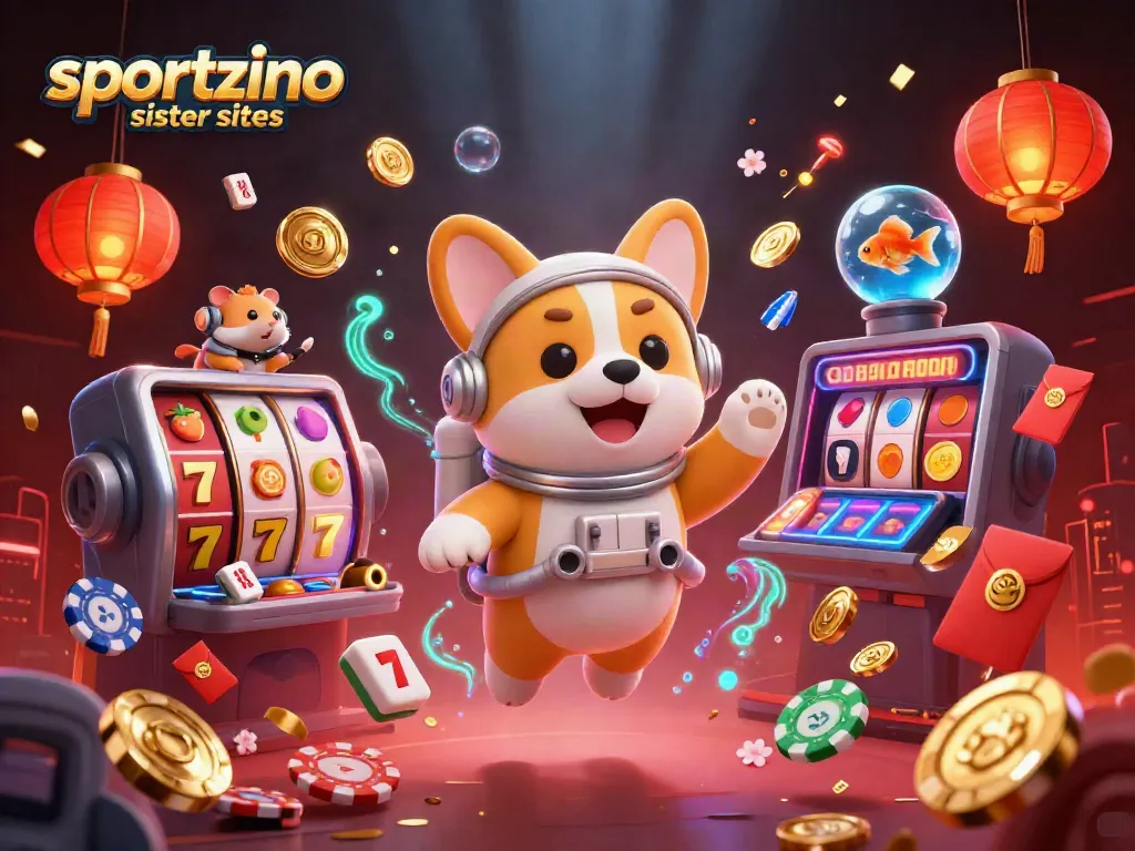 Experience sportzino sister sites with a playful astronaut corgi and vibrant casino elements.