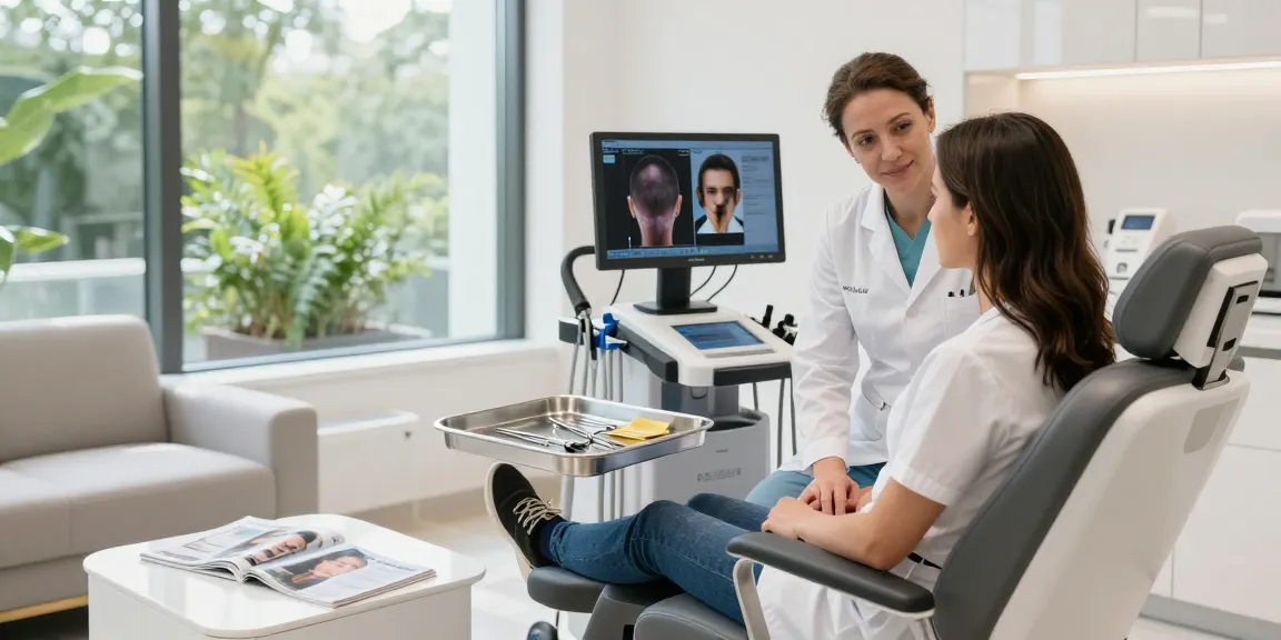 Consultation scene in a hair transplant turkey clinic with expert surgeon assisting a patient.