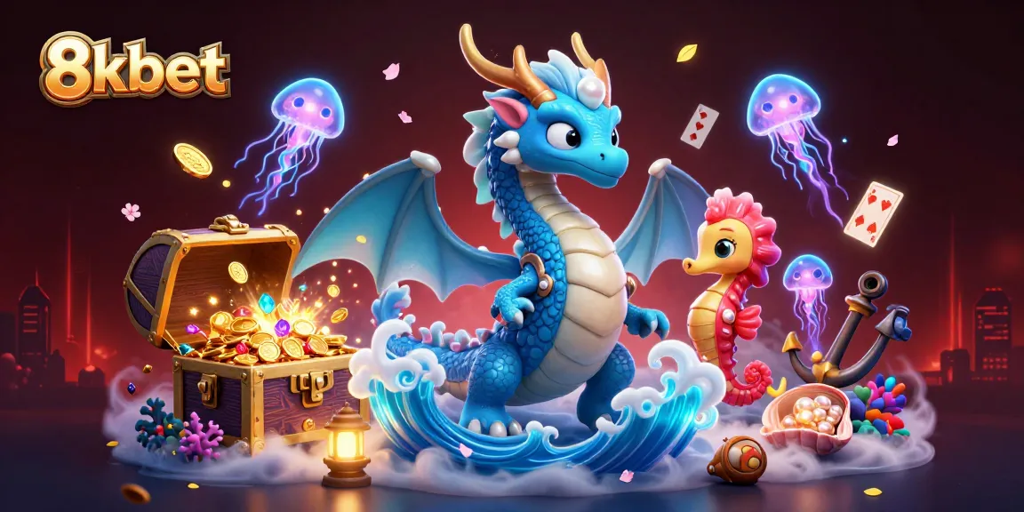 Engage with 8kbet, where an azure dragon and seahorse knight swim amid treasure and neon jellyfish.