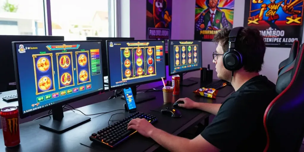 Player engaging with vibrant slot game interfaces on multiple screens in a lively gaming setup