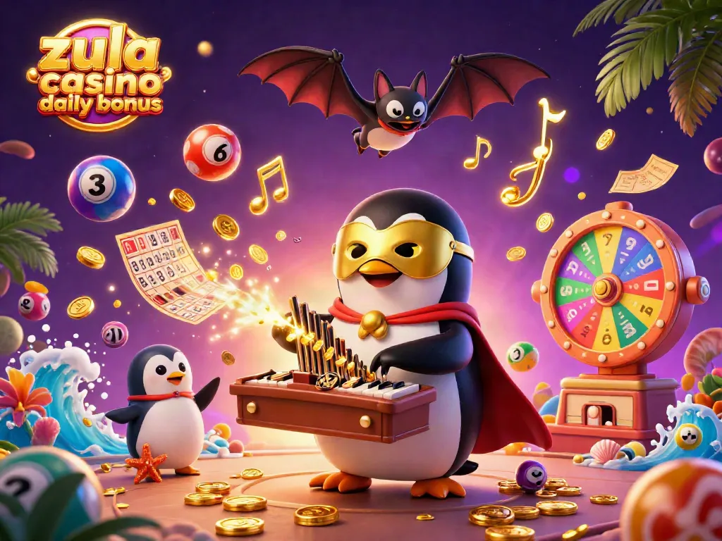 Claim the zula casino daily bonus with a vibrant scene of gold coins and lottery excitement.