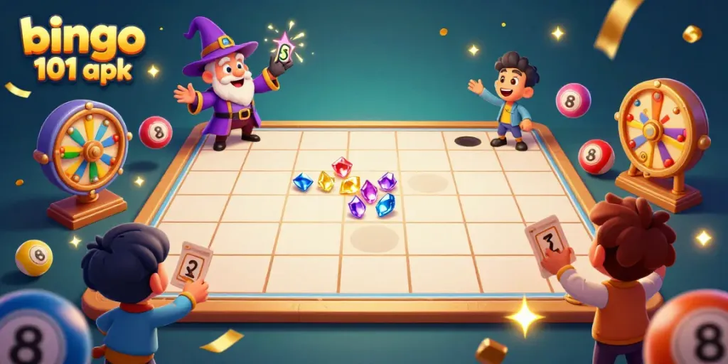 Bermain bingo 101 apk dengan kartu gemerlap dan bola bingo berwarna-warni serta karakter ceria.