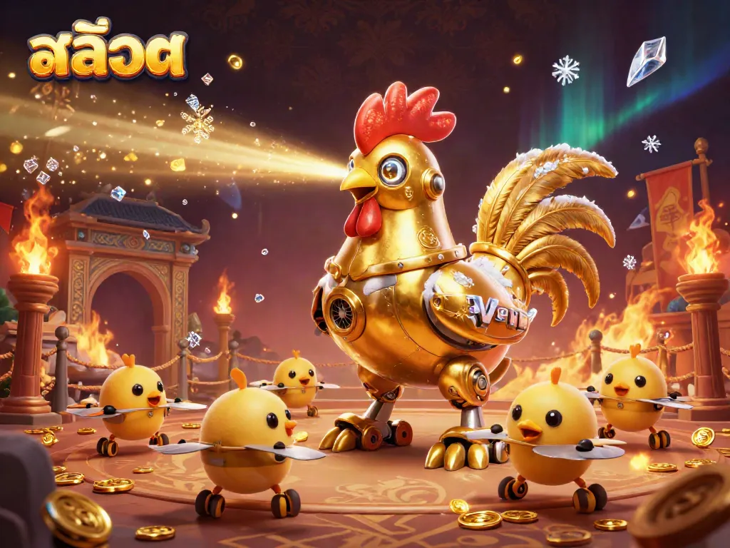 Engage in thrilling สล็อต gameplay with a golden rooster robot leading a dynamic scene of excitement.