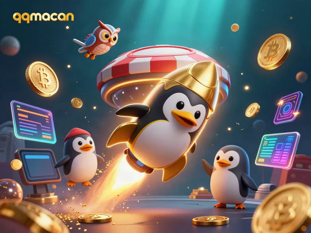 Watch the qqmacan rocket penguin dash towards a casino space station, surrounded by crypto elements.