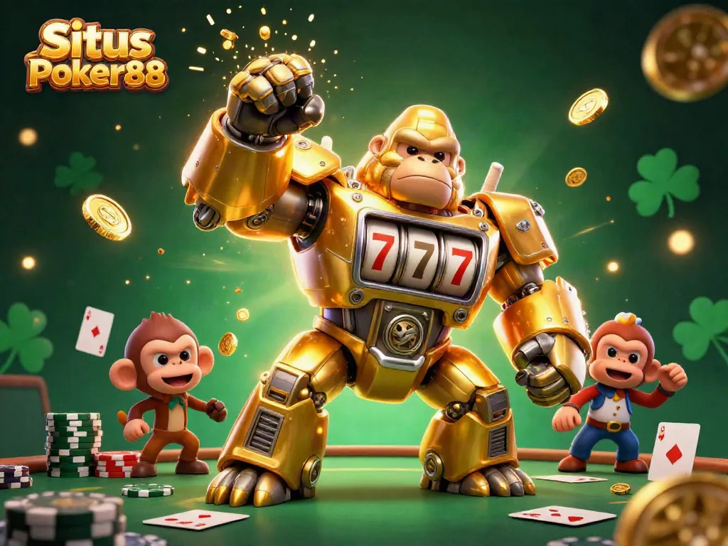 Situs Poker88 showcases an exciting 3D poker scene with dynamic elements and animated gold coins.