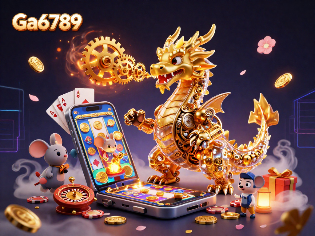 Engage with thrilling 3D Ga6789 casino action featuring a golden dragon and rich slot elements.