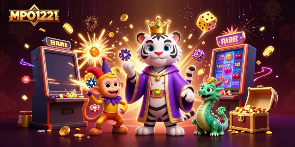 Experience the thrill of MPO1221 with a vibrant illustration of a slot machine jackpot explosion and dynamic characters.