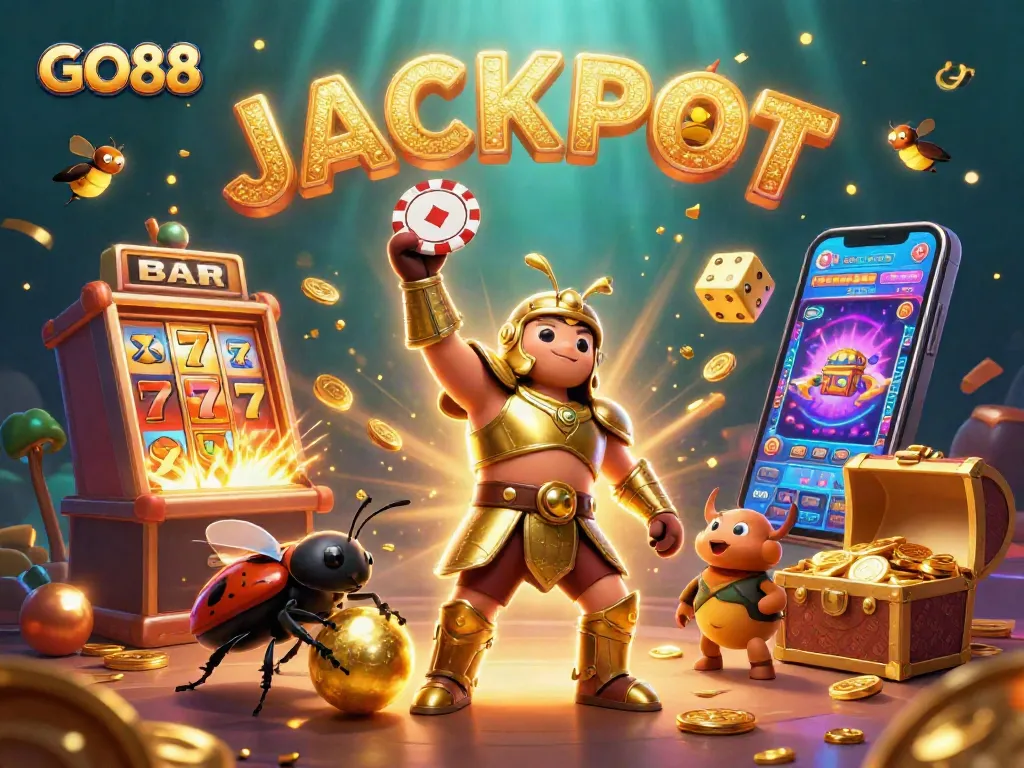 GO88 celebrates gaming with a cartoon beetle lifting a poker chip in an exciting casino scene.