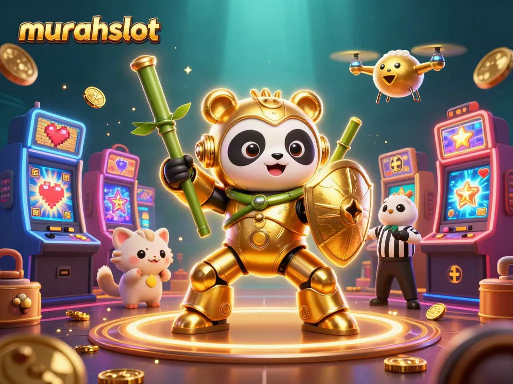 Mainkan murahslot di kasino dengan panda emas dan mesin slot berwarna-warni.