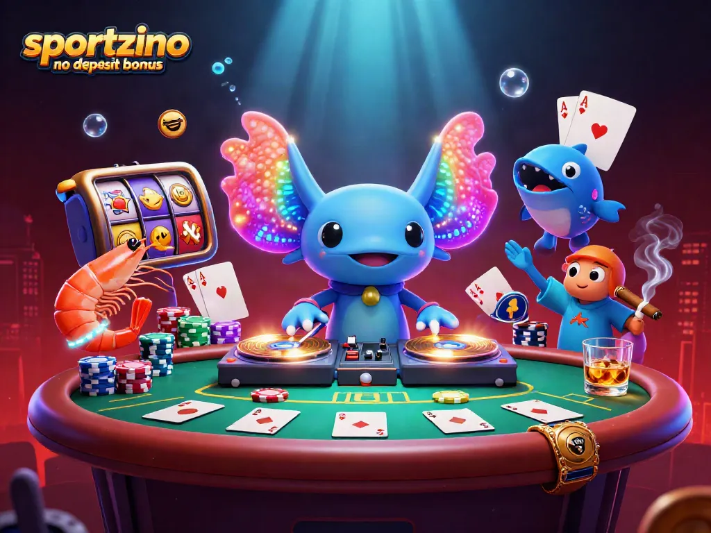 Experience the sportzino no deposit bonus through vibrant casino-themed imagery featuring unique characters and exciting game elements.