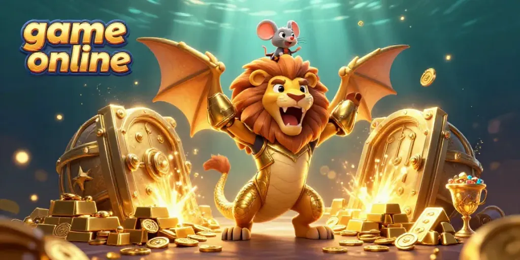 Experience the excitement of game online with a triumphant chimera roaring over golden treasures in a dazzling casino scene.