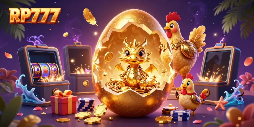 Experience excitement with RP777 as a golden baby dragon emerges from a casino-themed nest of poker chips.