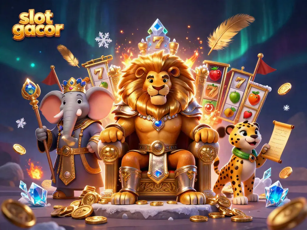 Engage with the vibrant world of slot gacor featuring a lion king on a gold throne, surrounded by casino elements.