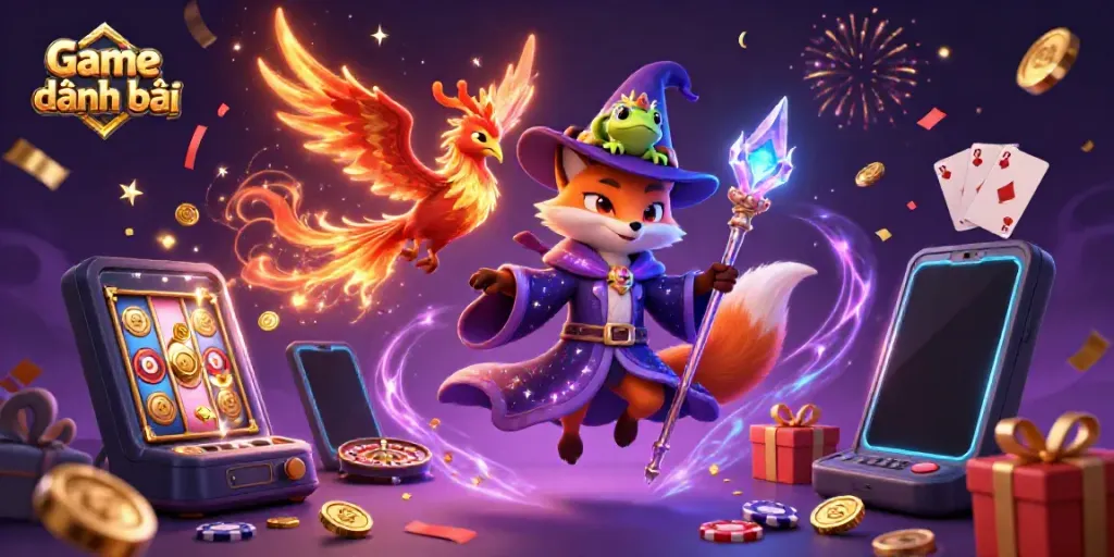 Experience the excitement in Game đánh bài with this enchanting illustration showcasing a wizard, phoenix, and 3D casino elements.