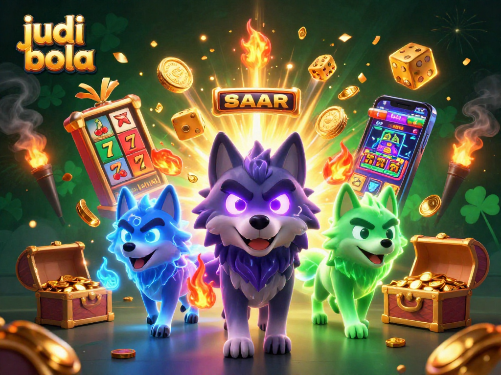 Engage in judi bola with a dynamic scene featuring a glowing wolf leader and casino elements.