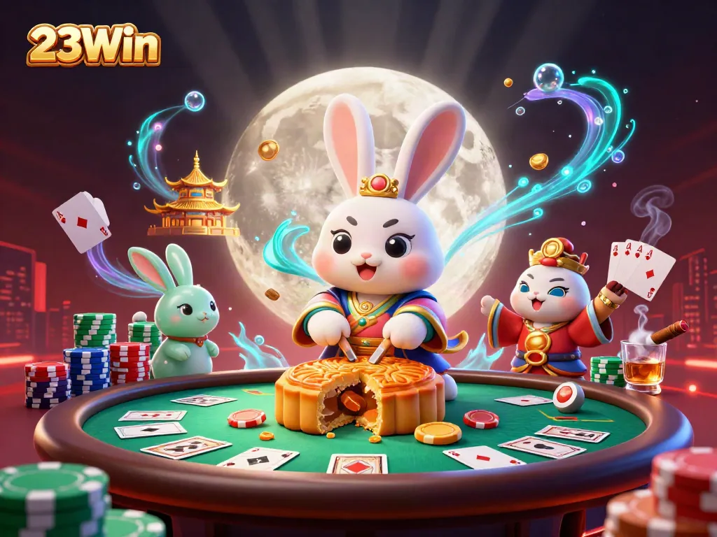 Experience dynamic gaming with the 23Win moon rabbit amid vibrant casino symbols and poker elements.