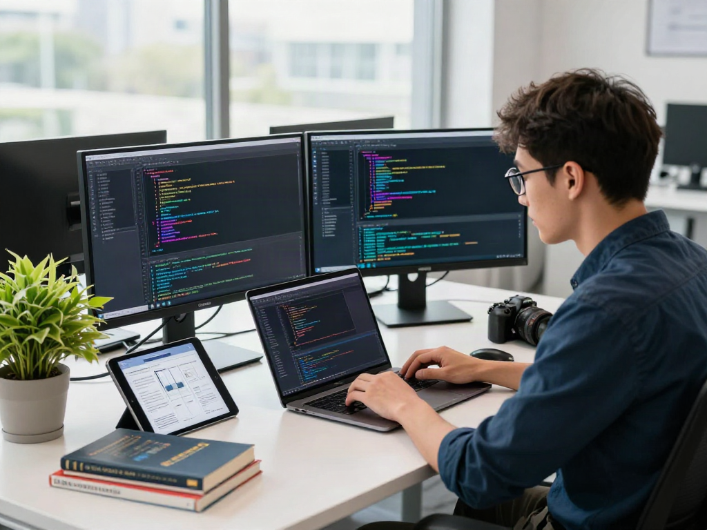 The A80 website featured in a modern tech workspace showcasing coding and app design elements.