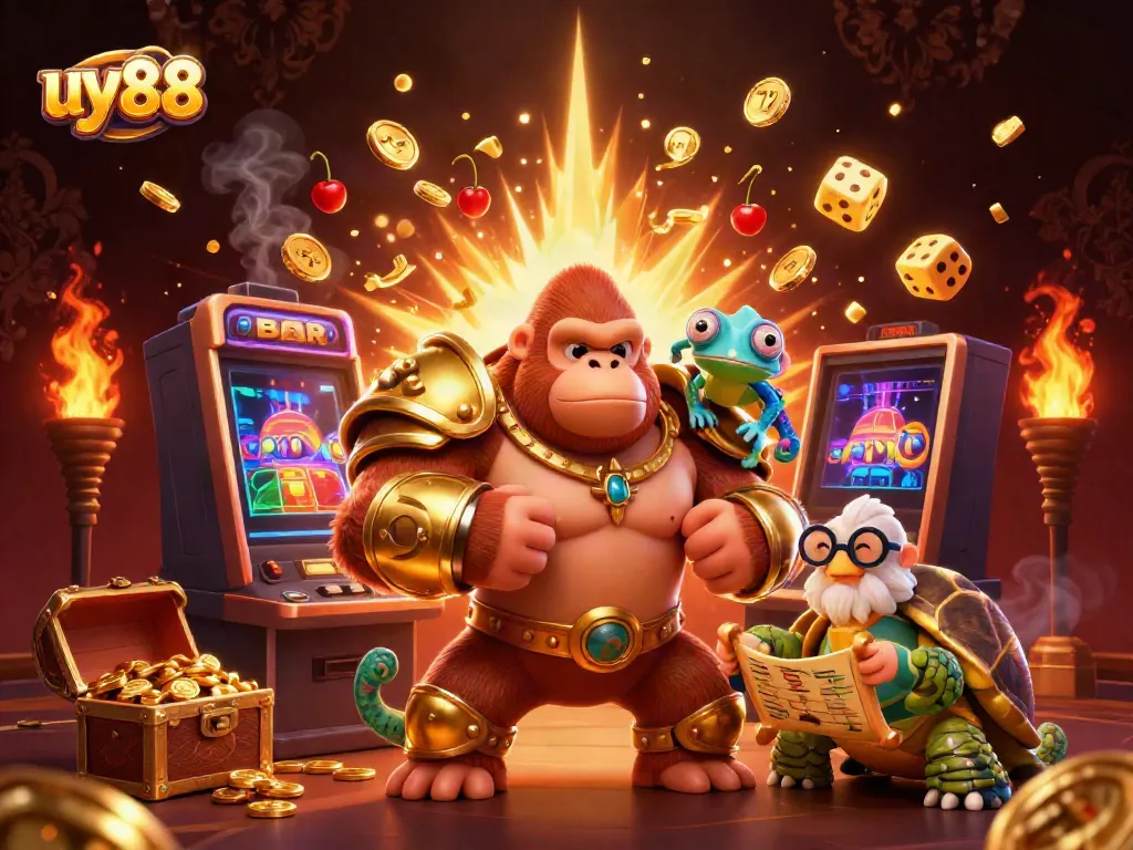 uy88 casino illustration depicting a gorilla king, chameleon spy, and tortoise elder among slot machines and gold coins.