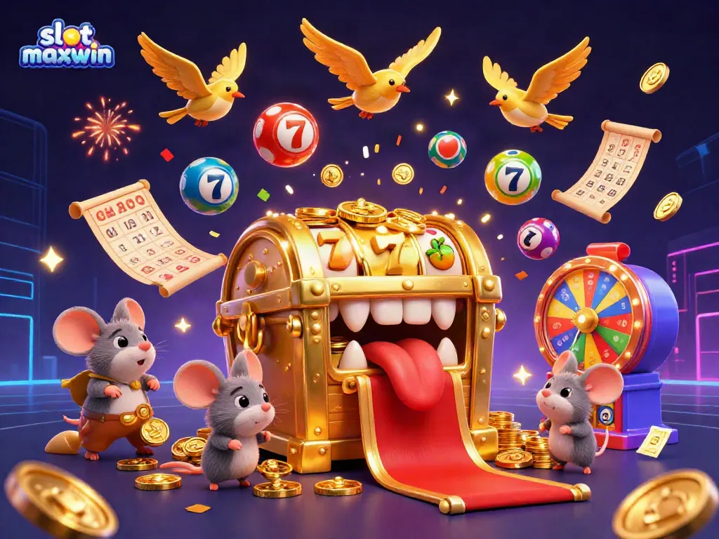 Experience slot maxwin excitement with a vibrant 3D scene showcasing treasure chests and casino elements!