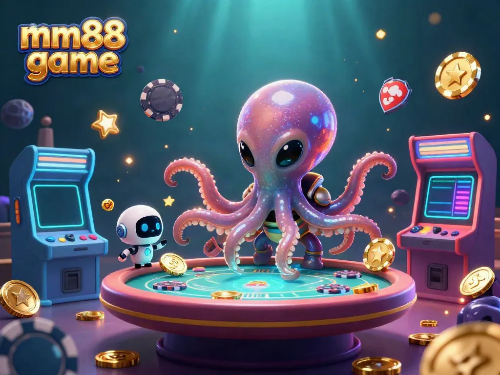 Engage with the mm88 game as a 3D cartoon octopus and robot host a lively poker table.