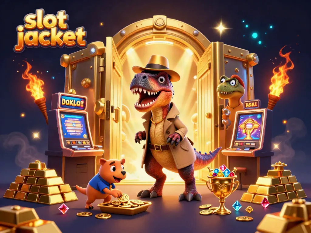 Exciting slot jackpot scene featuring a velociraptor card counter and stegosaurus pit boss in a rich casino setting.