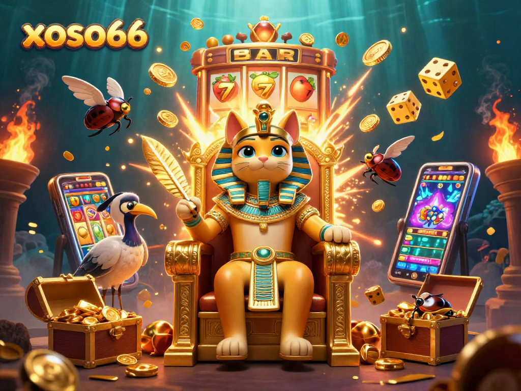 Experience jackpot excitement with xoso66's 3D vibrant scene featuring a pharaoh cat and rich casino elements.