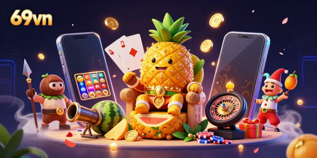Play thrilling games at 69vn with golden coins and vibrant characters in a lively casino scene.